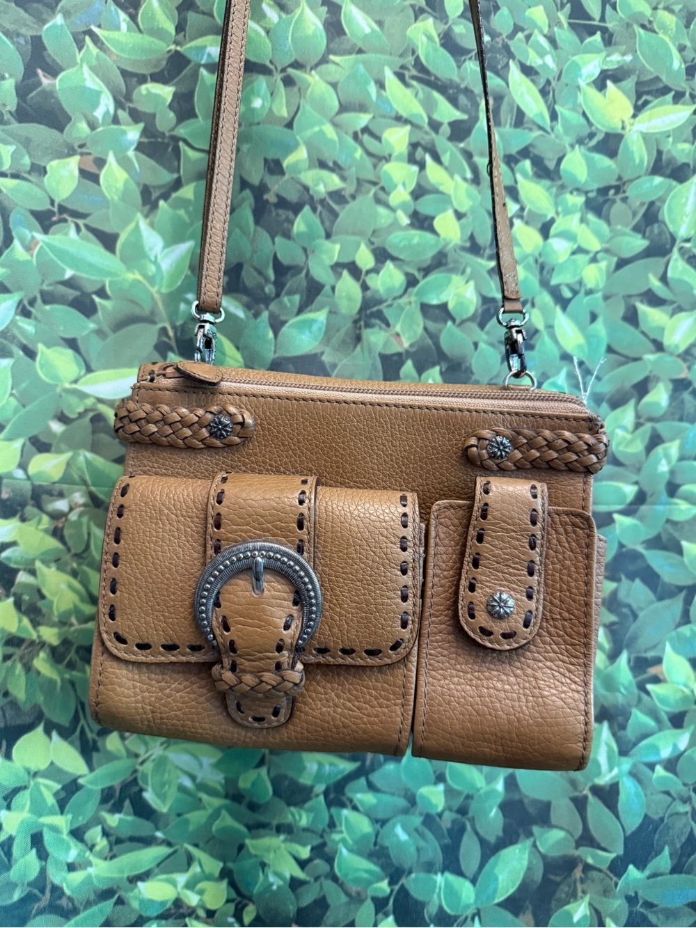 Vintage Brighton Tan Leather Crossbody with Braided Trim and Buckle